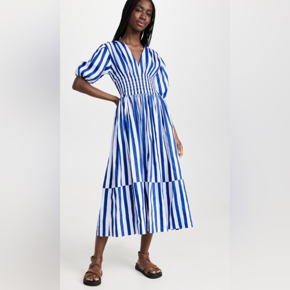 AYR Size S • Extra Extra Blue White Stripe Smocked Puff Sleeved Midi Maxi Dress.